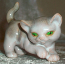 Vintage Miniature White Brown Green Eye Cat Kitten Terracotta Pottery Figurine picture