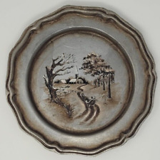 Vintage Painted Pewter Wall Art Plate Country Road Carriage and Church 9.5
