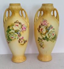 PAIR 19th Century Austrian Hungarian Hand-Painted Floral Twin Handled Vases picture