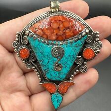 Very unique Vintage Tibetan Silver plated pendant with Turquoise & Coral Stone picture