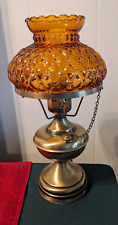 Vtg Brass Electric Table Lamp Oil Style Light w/Amber Glass Quilted Bead Shade picture