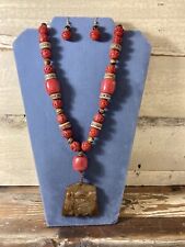 Chinese Cinnabar Bone Inlayed Coral Turquoise TigersEye & Jade 36” Long Necklace picture