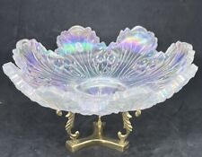 Fenton French Opalescent 10” Leaf Bowl Pinstripe Collection 1998 w/Brass Stand picture