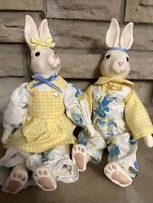 Vintage Rabbit Couple Matching Vtg /Antique Fabric Yellow Blue Outfits 15” L picture
