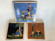 Set Of 3 Early California Mexican Tlaquepaque Black Folk Art Tiles Man Donkey picture