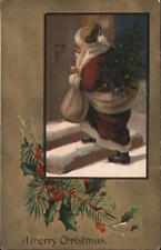 Santa Claus 1915 A Merry Christmas.-Santa Going up Steps,with bag and Christmas picture