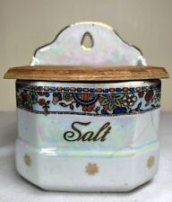Antique Iridescent Czech Salt Holder With Wooden Lid Art Deco Style Flaw picture
