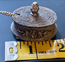 Miniature Trinket Box Basket Pewter Salt Dip Cellar Dish W/Spoon Enamel Inside picture