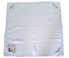 VTG Linen Square Tablecloth White Embroidered Blue Corners Easter Basket 32