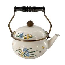 ASTA ENAMELWARE TEA KETTLE Floral Teapot Wood Enamel MCM Granny core Retro Vtg picture