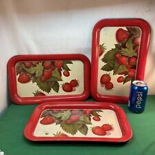 Vtg 3pc Mid-Century 1940-50’s Red Strawberry Metal Tin Serving Trays picture