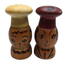 Vintage Salt and Pepper Shaker Set 1950s Wooden hand painted Mr & Mrs Chef picture