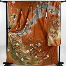Japanese Kimono Furisode Pure Silk Cherry Blossom Gold Paint Orange Color Formal picture