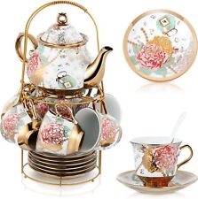 20 Pcs Porcelain Tea Set with Metal Holder Adult Ceramic Tea Party Set  picture