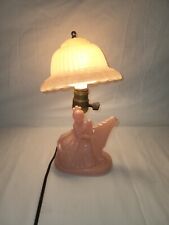 Vintage 1930's Pink Satin Glass Boudoir Lamp Victorian Lady Playing Harp  picture