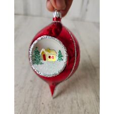 Vintage radko country scene reflector teardrop red glitter ornament Xmas indent picture