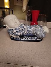 Vintage Hand Painted Blue  & White Chinese Porcelain Large Asian Art Pillow picture