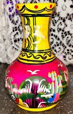 Mexican Folk Art Vase Hand Painted Colorful Story Telling Terra Cotta Red Clay picture