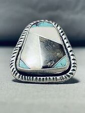MAJESTIC VINTAGE NAVAJO INLAY KINGMAN TURQUOISE MOTHER OF PEARL SILVER RING picture