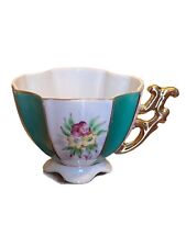 Vintage MCM OK Japan Scalloped Edge Footed Demitasse Cup Turquoise White Floral picture