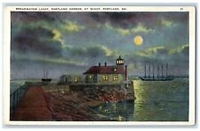 c1920 Breakwater Light Portland Harbor Night Moon Lake Portland Maine Postcard picture