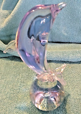 Hand Blown Art Glass Murano Style Purple Wave Swimming Dolphin Figurine Flaw picture