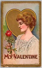 Vtg My Valentine Greetings Victorian Lady Woman Holding Rose Gold Gilt Postcard picture