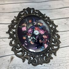 Vintage Brass Framed Print Italy Bubble Glass Floral 1960's Black Vase picture