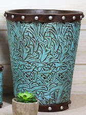 Rustic Western Turquoise Floral Scroll Faux Leather Dry Waste Basket Trash Bin picture