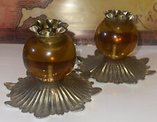 VTG Woolworth Candle Holder Set of 2 Silver & Amber Colored Metal Lucite 3” READ picture