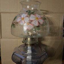 Large Blue Hue Oil Lamp With Clear Hand Painted Floral Shade Rare picture