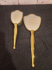 Vintage Hand Held Mirror and Brush Vanity Set Gold Tone W/ Floral With Bird  picture