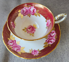 TUSCAN HEAVY GOLD CABBAGE ROSES HAND PAINTED TEACUP AND SAUCER SET RARE picture