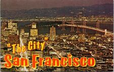 San Francisco c1960's Aerial Panoramic Night View Bay Bridge CA Postcard UNP picture