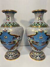Vintage Cloisonné Vases 12” Fierce Double Dragon Turquoise picture
