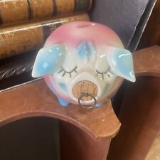 Vintage 1957 Mint HULL POTTERY HP CO. Pink & Blue CORKY PIG Ceramic Piggy Bank picture