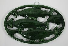 Green Enamel Fish Trivet Home Essentials Trout Salmon Vintage Heavy Cast Iron picture