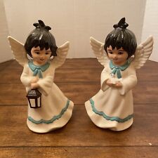 Christmas Angel Figurines Ivory Blue Lantern Dove Vintage 7” Set of 2 A26 picture