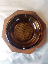 MCM Decatur Industries Amber Glass Ashtray In A Wood Frame  picture