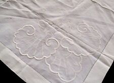 VTG HAND EMBROIDERED CREAM WHITE LINEN TABLECLOTH/TOPPER 31 1/2x32 picture