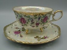 Vintage Pearlized Footed Teacup & Saucer Pink Roses Purple Flowers Gold Trim picture
