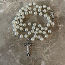 Womens Rosary Necklace White Faux Pearl Beads Virgin Mary Madonna  Silver Cross picture