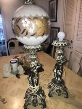 1 PR Antique Vtg Cherub Parlor Banquet Oil Converted Electric Lamp Round Globe picture