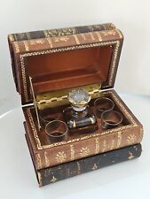 Antique French Stacked Leather Books Hidden Bar Set With ALL 4 Decanter Glasses picture