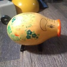 Piggy Bank Pig Cute Small  petite hand painted wood floral 8 x 4 1/2