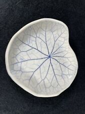Studio Art Pottery Leaf Vein Trinket Dish Blue White Marked picture
