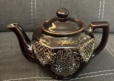 Brown Betty Redware Teapot Moriage Enamel Hand Painted Japan Vintage 1960’s picture