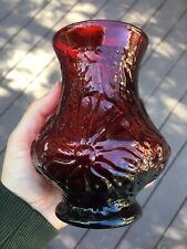 VTG Ruby Red Glass Embossed Flower Bell Vase 5.5” by 3” Iridescent MINT COND picture