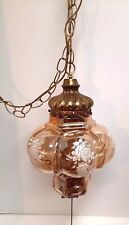 VTG Iridescent Amber Glass Hanging Swag Lamp w/Diffuser White Rose Bubble Globe picture