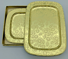 Vintage Mini Gold Tone Metal Snack Trays Canape Set Of 4 Tin Tip Floral 5